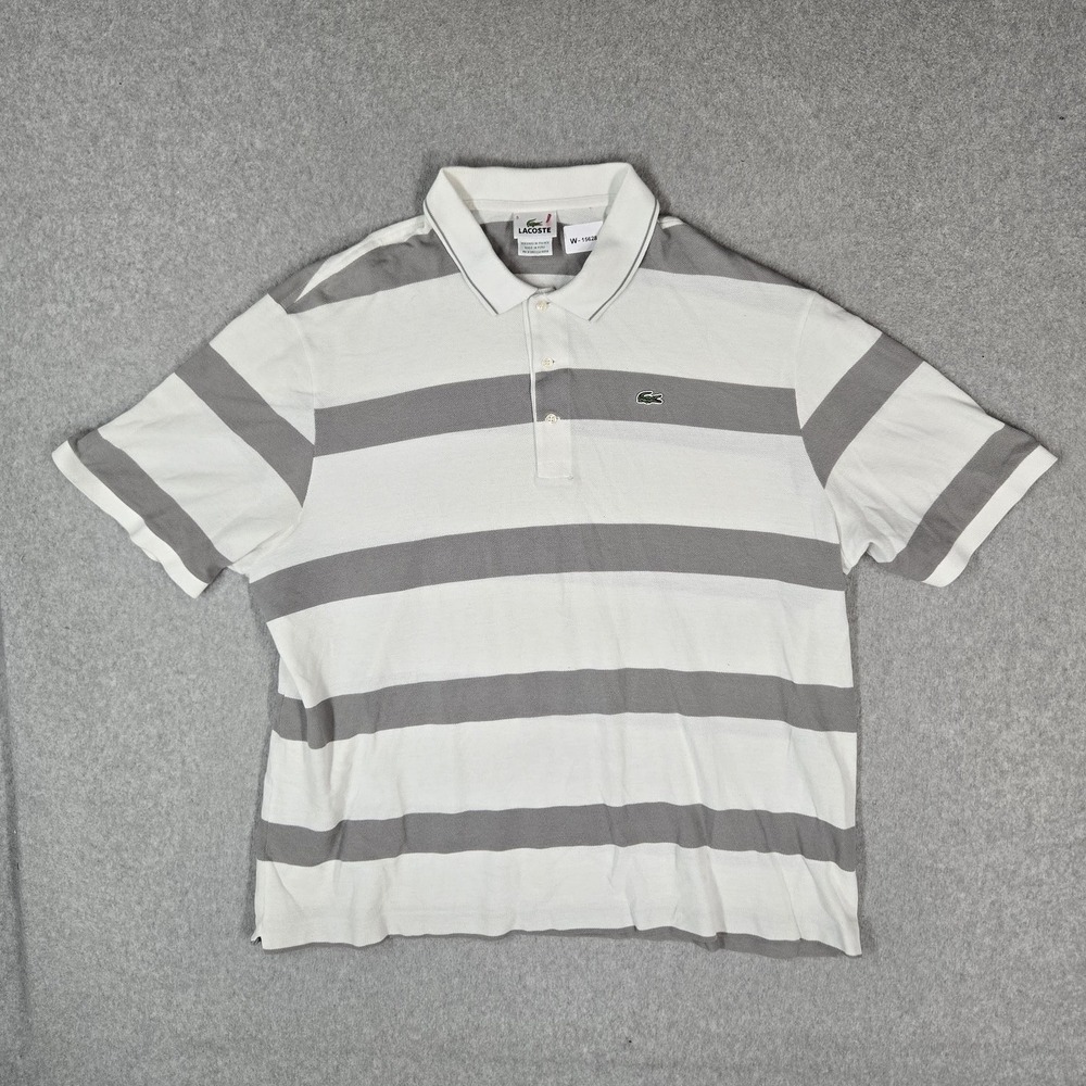 Lacoste Men Polo 9 White Embroidered Striped Logo Short Sleeve Rugby Shirt